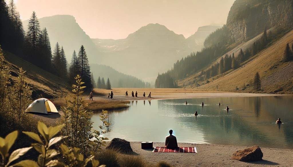 alone at a nudist beach at an alpine lake
