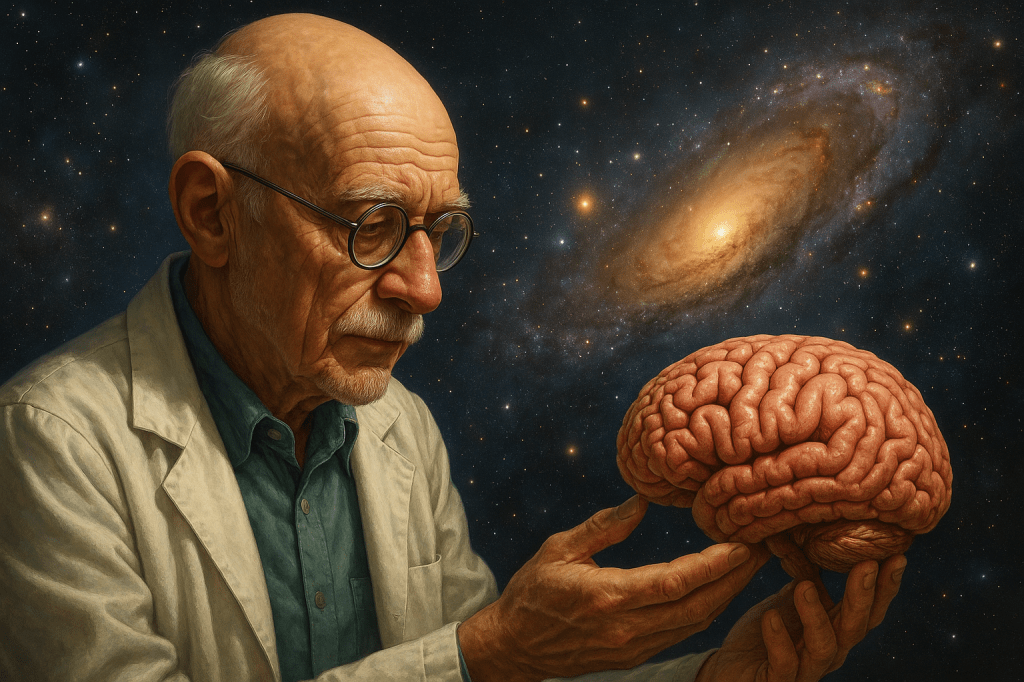 Realistic Professor Farnsworth looking at a brain