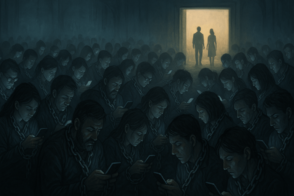 A dark, crowded room filled with people chained to their smartphones like zombies, all staring down at glowing screens, while two unchained figures stand in a bright doorway in the distance.