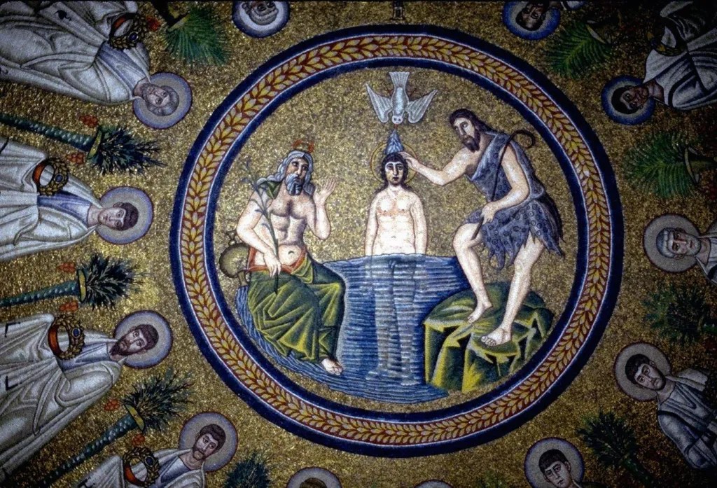 Baptism of Christ. Mosaic in Arian Baptistry. Ravenna, Italy
